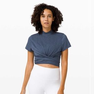 Lululemon time to restore mock neck short sleeve textured iron blue white color